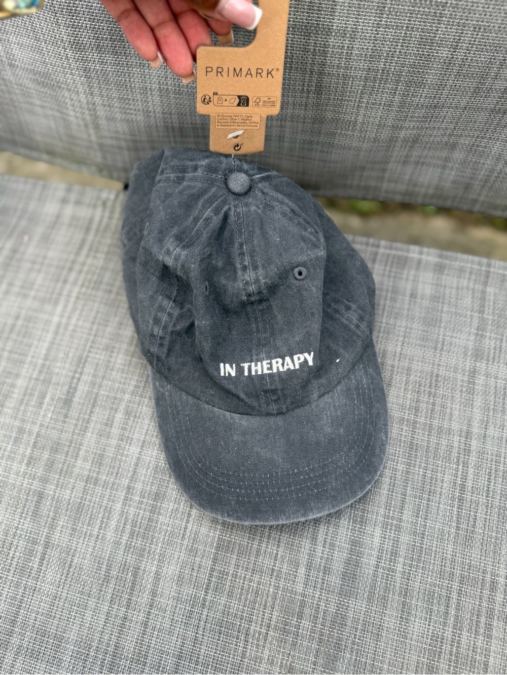 Primark Black Baseball Cap with 'IN THERAPY' Embroidery